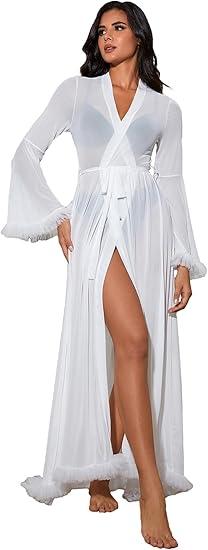 OYOANGLE Women's Ruffle Trim Long Sleeve Belted Sheer Mesh Wedding Bride Robe Nightgown, Size M