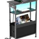 Creso hom Narrow Side Table with Charging Station and LED Light, Small End Table with 1 Fabric Drawer, Skinny Nightstand with USB Ports & Type-C, Slim Side Table for Bedroom, Living Room, Black