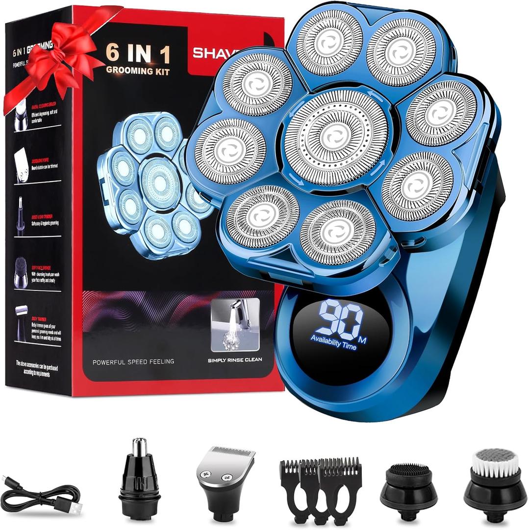 9D Head Shavers for Bald Men, Electric Shaver for Men,6 in 1 Mens Grooming Kit with Nose Hair Trimmer, Beard Trimmer,Waterproof Wet/Dry Rotary Shaver,Gift for Father, Husband, BoyfriendBlue