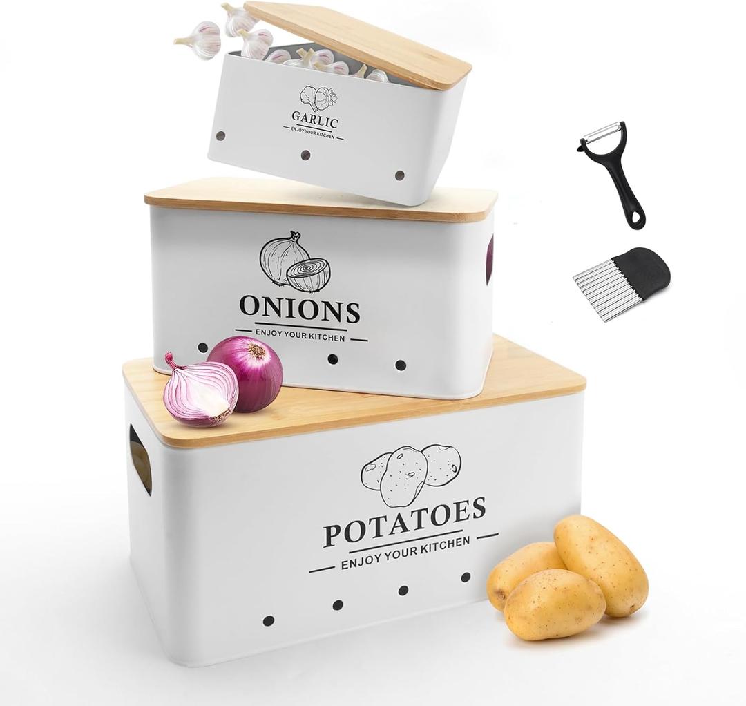 Kitchen Vegetable Storage Set of 3, Metal Onion Garlic Potato Storage Set, Kitchen Canisters Vegetable Keeper Containers with Aerating Holes and Wooden Lid (White)