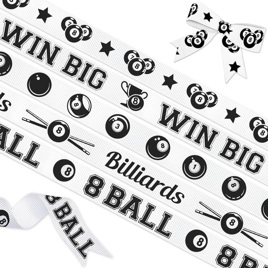 3 x YKW 5 Pack Billiards Ribbon Set, 5/8 Inch x 3 Yard Grosgrain Ribbons Each, 8 Ball Pool Cue Trophy Patterns, Tournament Gift Wrap for Players, Game Room, Man Cave Decorations