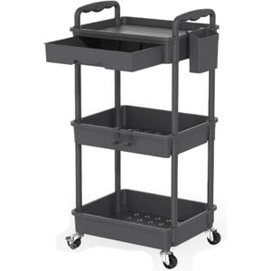 Rolling Storage Cart with Detachable Drawers, Locking Wheels, Cup Holder & Hooks, Easy Assembly 3-Tier Mobile Organizer for Kitchen, Bathroom, Craft Room, Jet