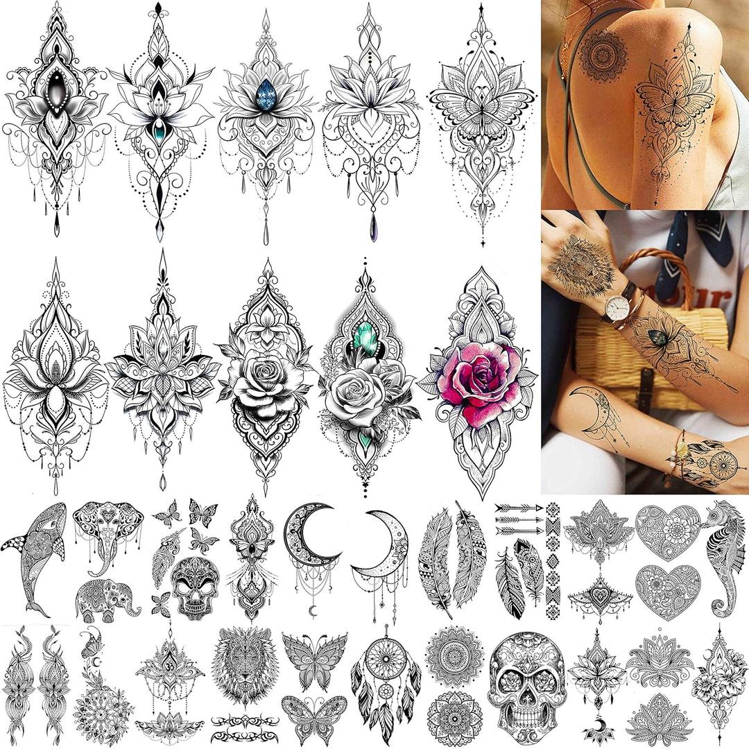 TASROI 32 Sheets Sexy Black Lotus Temporary Tattoos For Women Girls Indian Tribal Lace Tatoo Sticker Neck, Mandala Flower Butterfly Rose Tattoo Temporary Dreamcatcher Elephant Henna Tattoo Kit Adults