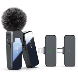 Rythflo Wireless Lavalier Microphone for iPhone Android PC with Noise Cancellation, 100ft Transmission, 18H Battery Life, Lightning & USB Type-C Wireless Lapel Microphone for Video Recording