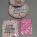 96Pcs Birthday Plates and Napkins Party Supplies, Pink Happy Birthday Cake Theme Party Paper Plates and Napkins Sets for Kids, Serve for 24 Guests, Striped Edge