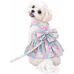 Dog Dress Bow Tie Harness Leash Set Harness Dress for Small Dogs Cute Dog Pet Girl Puppy Summer Clothes for Female Bunny Clothes Yorkie Chihuahua Training Walking (X-Small, Puparazzi)