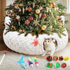 OurWarm Christmas Cat Tunnel Tree Skirt, Soft Plush Cat Donut Tunnel Bed with Washable Mat & 11 Pcs Interactive Toys, Peekaboo Cat Cave Under Christmas Tree for Indoor Cats Small Animals