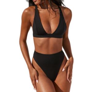 Forjunlyup Womens High Waisted Thong Bikini Sets Sexy Brazilian Triangle Top Deep V Neck Tie Back Two Piece Swimsuit Bathing Suits(Black, XL)