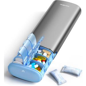 Vaydeer Metal 7 Day Pill Organizer 2 Times a Day AM PM Weekly Travel Pill Case with Moisture-Proof Desiccant, Airtight Large Capacity Pill Box for Vitamins, Medications & Supplements (Grey)