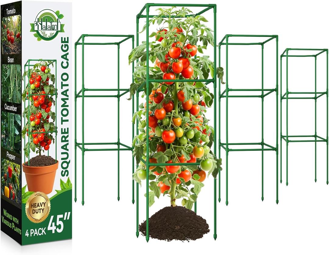 Halatool 4 Pack Square Tomato Cages for Garden, 45 Inch Heavy Duty Adjustable Metal Tomato Trellis for Climbing Plants Green Plant Support Stakes for Vegetables Flowers Fruits&Raised Bed Outdoor
