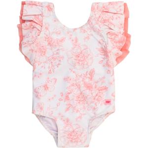 RuffleButts Baby/Toddler Girls Ruffle Strap One Piece Swimsuit w/UPF 50+ Sun Protection (18-24 Months, Bubblegum Pink Butterfly Garden Toile)