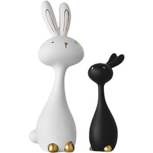 2 Pack Bunny Figurines, Easter Couple Bunny Decorations, Home Decor Rabbit Figurines, White Black Resin Rabbit Couple Decor, Easter Ornaments Gifts for Office Home Farmhouse Desktop