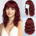 Long Burgundy Wigs with Bangs for Women Synthetic 16inch Wavy Medium Length Wine Red Wig with Fringe Water Wave Female Heat Resistant Hair for Daily Party Costume Cosplay Anime Use (16 inch)