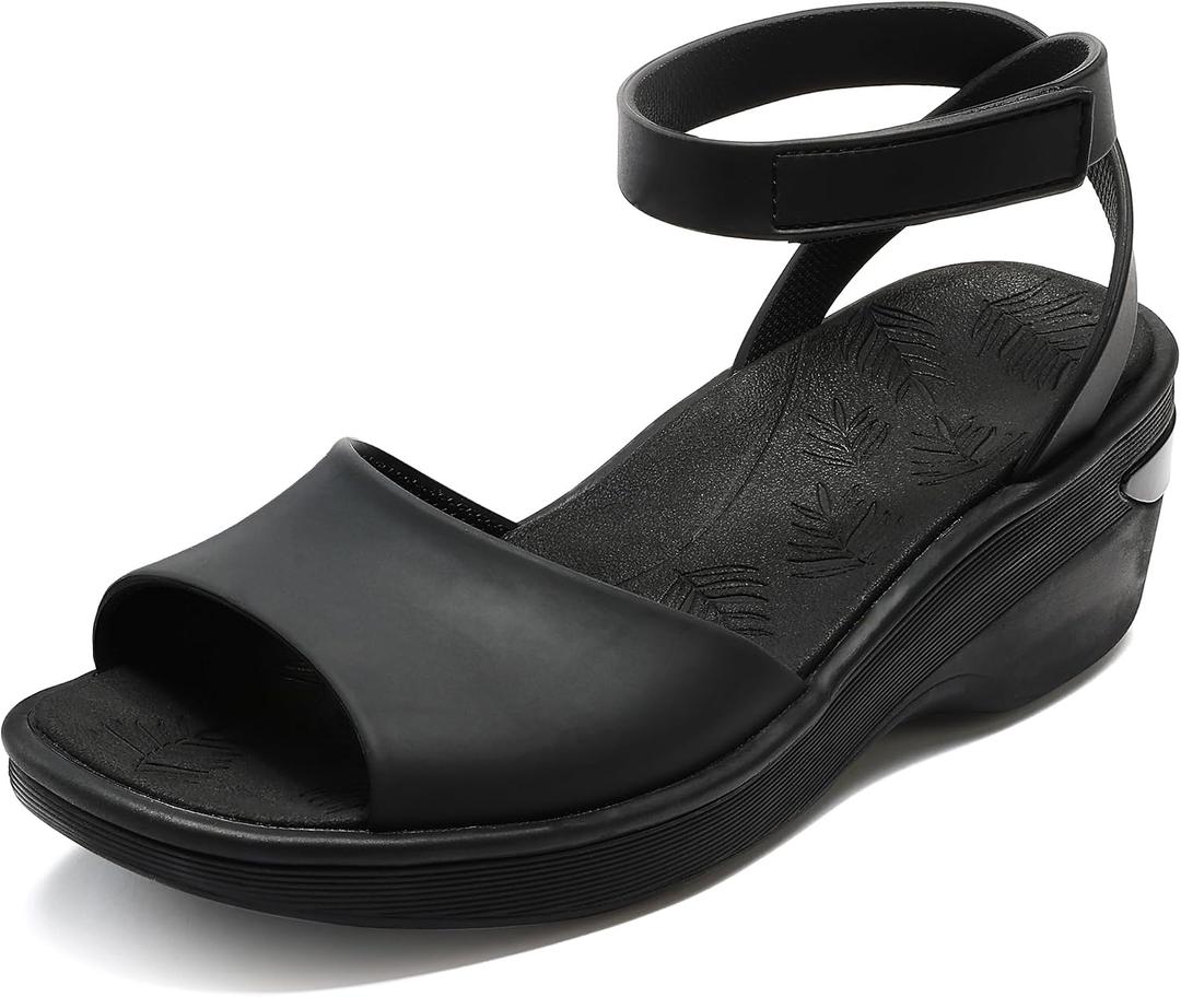 BEMIRO Walking Sandals for Women with Adjustable Arch Support, Comfortable Cloud Footbed Platform Wedge Sandals, Casual Dressy Summer Shoes Black 8.5