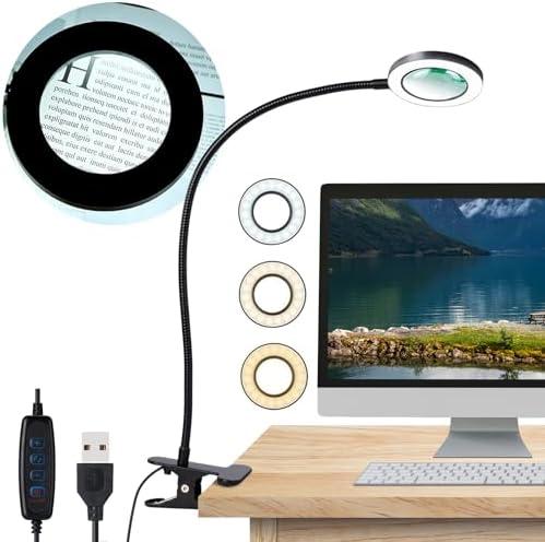 Yeegras Desk Magnifying Glass with Light 10x, Magnifer with 3 Light Color, 10 Adjustable Brightness, Flexible Gooseneck, Magnifying Lamp with Clamp for Craft, Diamond Painting, Soldering, Elderly
