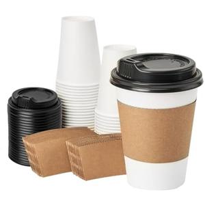 RACETOP 12 oz 50 pack Disposable Paper Coffee Cups with Lids and Sleeves (White)
