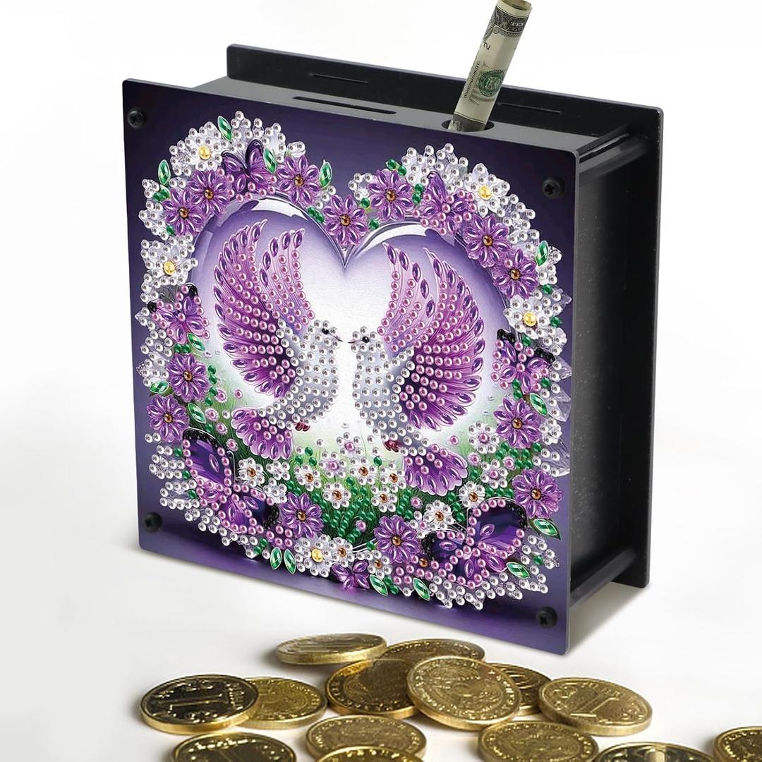 Antor Diamond Art Piggy Bank Kit Purple Dove Design, Lovebirds 5D Special Shaped Diamond Painting Acrylic Coin Bank for Adults, DIY Rhinestone Craft Money Box for Home Dcor or Valentine's Day Gift