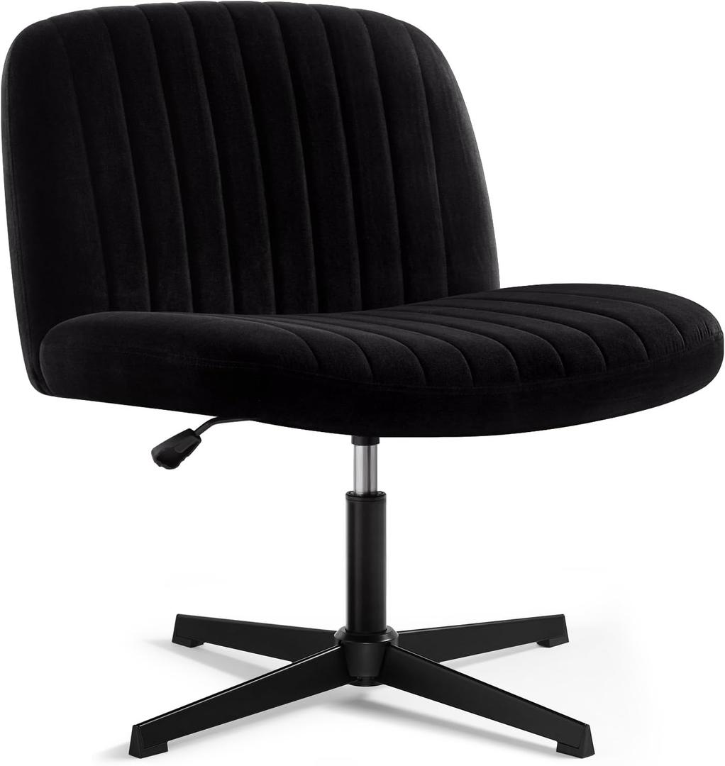 Criss Cross Chair, Velvet Cross Legged Office Chair no Wheels, Armless Wide Seat Desk Chair with Adjustable Height for Home, Vanity, Bedroom (Black)