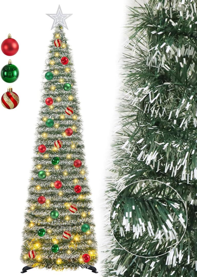 5 FT Pop Up Christmas Tree with Timer Lights and Decorations, Green Tinsel Artificial Christmas Tree with 24 Balls Ornaments, Collapsible Pencil Tree for Xmas Home Office Party Decor (Dark Green - White Edges)