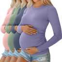 Ficerd 4 Pack Women's Maternity Shirts Cotton Long Sleeve Ribbed Crew Neck Pregnancy Tops Side Ruched Casual Mama Clothes (Light Pink, Gray Green, Haze Blue, Lavender Purple) M