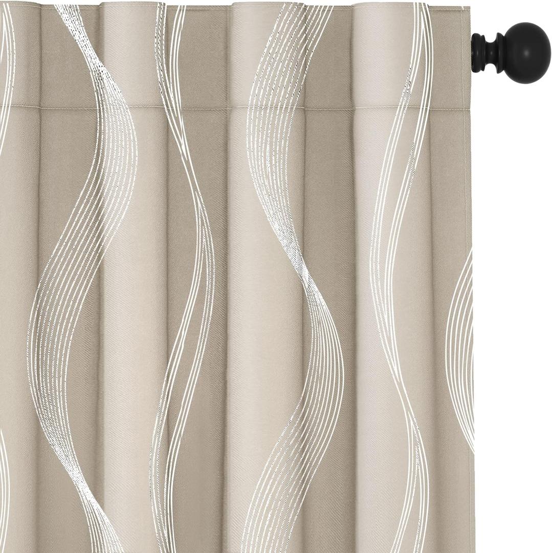 Deconovo Blackout Back Tab Curtains with Geometric Pattern, Room Darkening, Heat Blocking, Energy Saving Drapes for Bedroom, Living Room, 2 Panels, Light Beige, 52W x 84L Inch, Wave Stripe