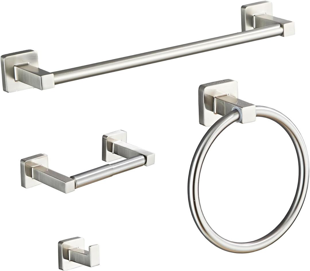 Brushed Nickel Bathroom Hardware Set 4 Pieces,Towel Bar Set Stainless Steel Wall Mounted, Includes 16In Hand Towel Bar, Towel Ring, Robe Towel Hooks,Toilet Paper Holder, Bathroom Towel Rack Set