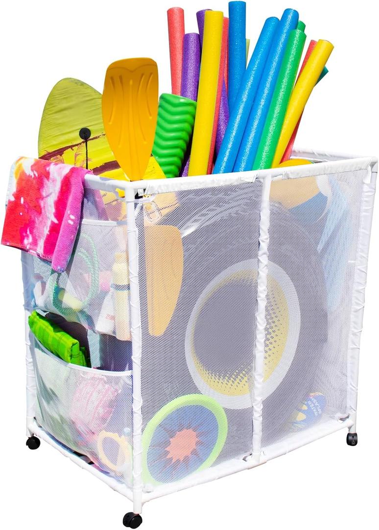 Modern Blue Pool Storage Bin - Extra Large | Perfect Contemporary Nylon Mesh Basket Organizer For Goggles, Beach Balls, Floats, Swim Toys & Accessories | Air Dry Items Quickly & Easily, White