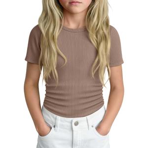 YooAurvox Girls Ribbed Short Sleeve T-Shirt, Mocha, 7-8 Years