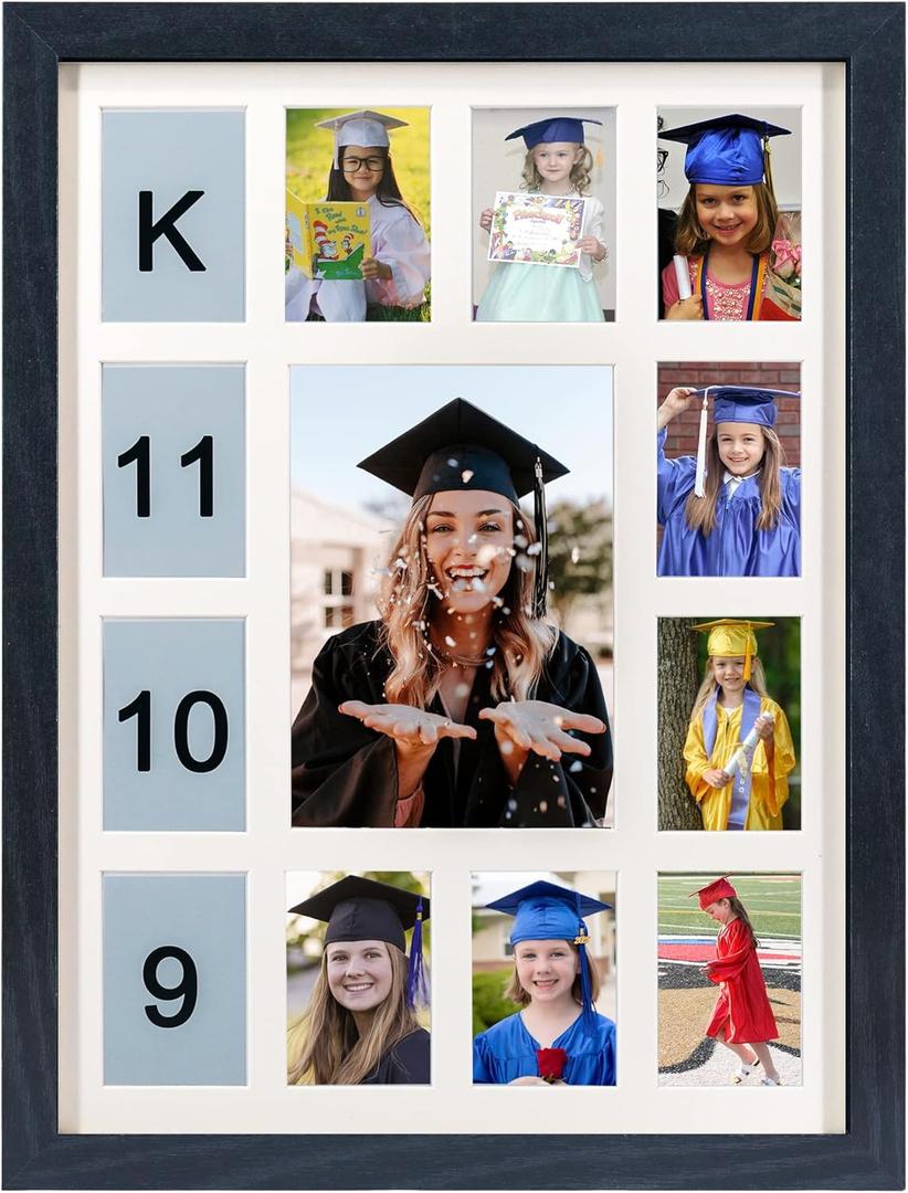 School Years Picture Frame K-12 Day Graduation Photo Collage Black Frame with Mat, Displays One 5x7 Photo and Twelve 2.5x3.5 Pictures