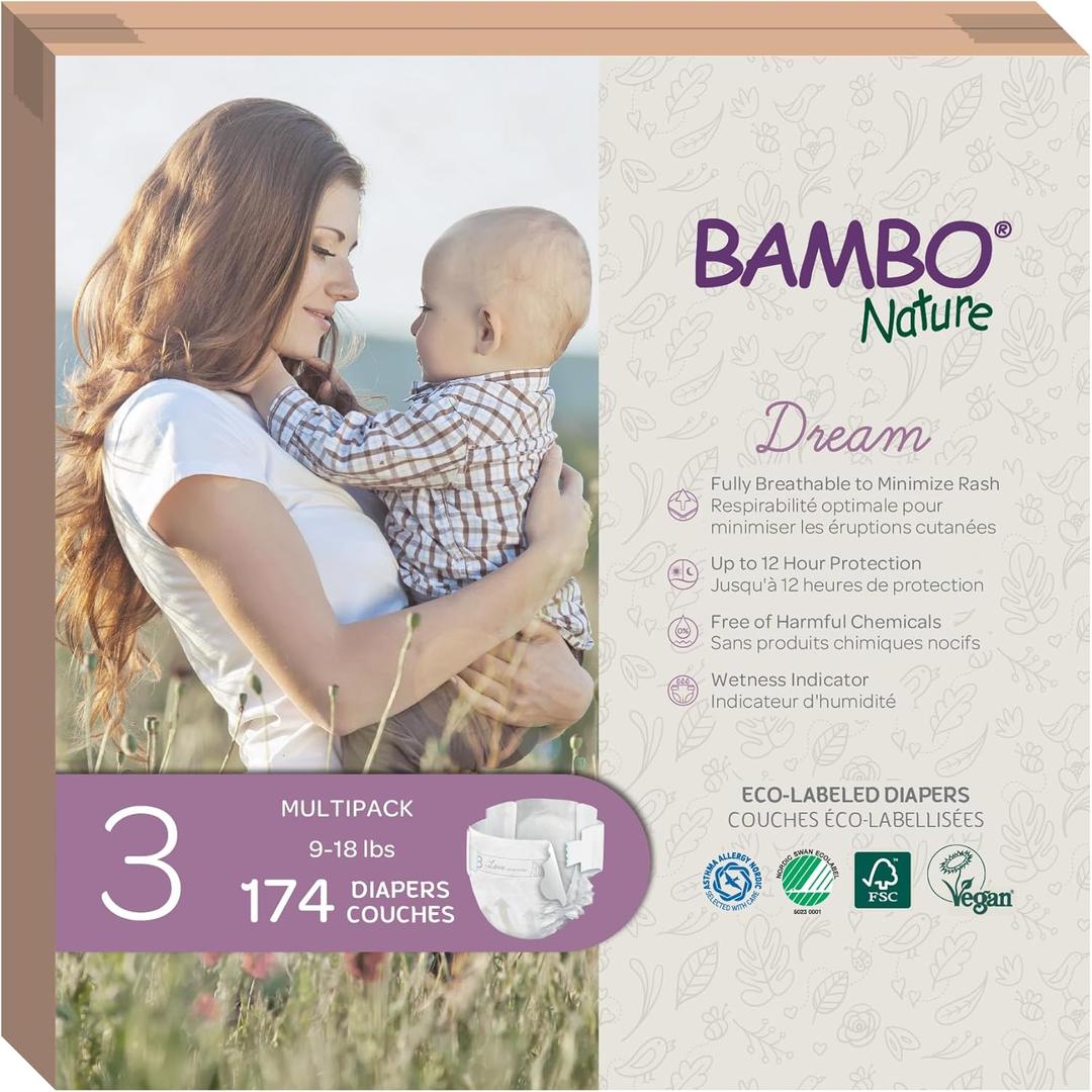 Bambo Nature Hypoallergenic Baby Diapers, Eco-Labelled Sustainable Diapers, Enhanced Leakage Protection, Totally Chlorine-free, Skin Friendly, and Super Absorbent - Size 3 (174 Count) Bambo Nature Hypoallergenic Baby Diapers, Eco-Labelled Sustainable Diapers, Enhanced Leakage Protection, Totally Chlorine-free, Skin Friendly, and Super Absorbent - Size 3 (174 Count)