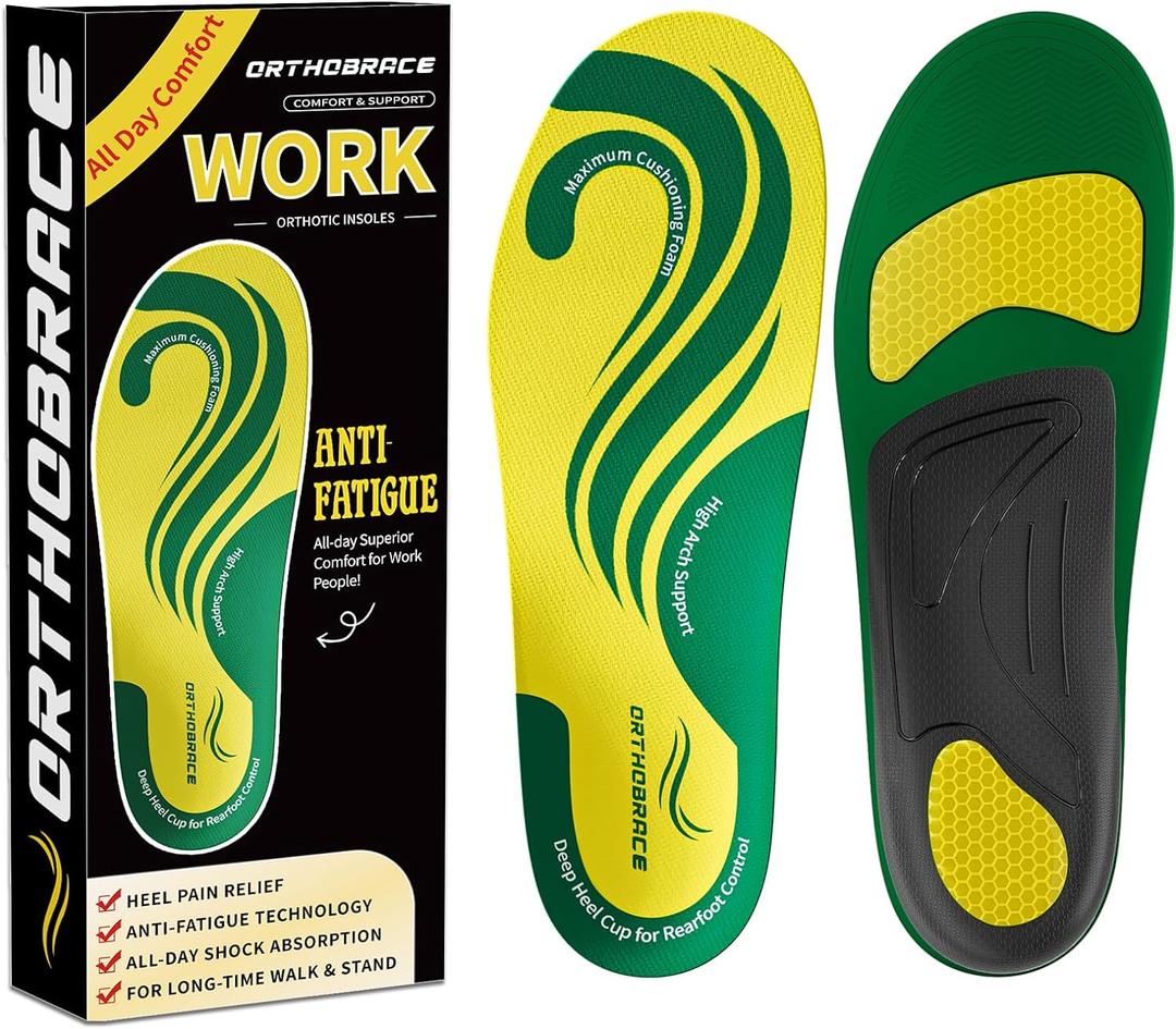 Orthobrace Work Boot Insoles for All Day Shock Absorption,Anti Fatigue Medium and High Arch Support Shoe Inserts for Men Women,Relieve Foot Pain,Soft Comfortable Work Insoles for Standing All Day-M (Green (Weight Under 200 Lbs))