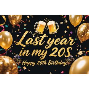 Last Year in My 20s Birthday Backdrop for Men, Black Gold Beer Mug Balloons Cheers to 29 Years Sign Banner Photography Background, Funny 29th Birthday Photo Booth Props Decor Fabric 6 * 4ft
