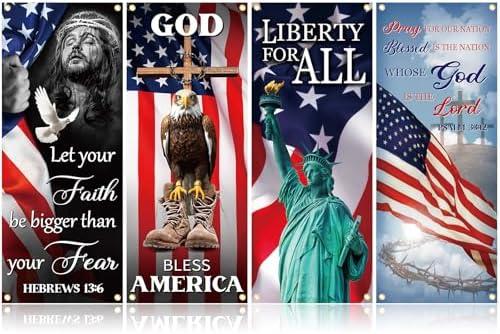 FuWeave 4 Pcs Church Banners with Scripture for Sanctuary Wall, Christian Praise Worship Bible Signs for Religious Festivals, Church Event, Communal Prayers, Back to School(Independence Day)