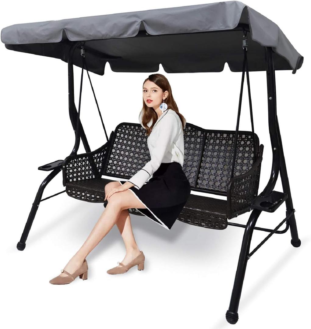 Outdoor Patio Swing Chair Canopy Replacement, 3 Seater Porch Swing Seat Canopy Cover, Waterproof Windproof Anti-UV Heavy Duty Rip Proof Garden Hammock Top Cover, Garden Furniture Covers (Grey, Large) (Gray)