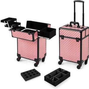 AROUS Rolling Makeup Train Case Cosmetic Travel Trolley 4 Tray with Sliding Rail Removable Middle Layer with Key Swivel Wheels Salon Barber Case Traveling Cart Trunk,Colorful