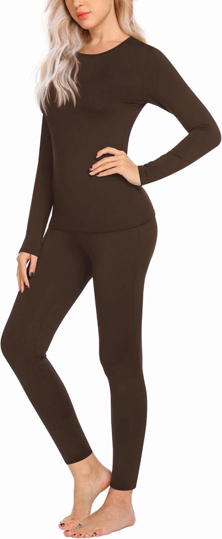 Ekouaer Thermal Underwear for Women Long Johns Sets Base Layer Lightweight 2 Pieces Pajams Set (Medium, Dark Brown)