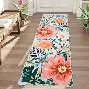 Wonnitar 2x6 Runner Rug for Hallways, Boho Floral Bathroom Rugs Non Slip Washable, Low Pile Soft Flower Scalloped Runner for Girls Bedroom Laundry Room Bedside (Light Blue, 2'x6')