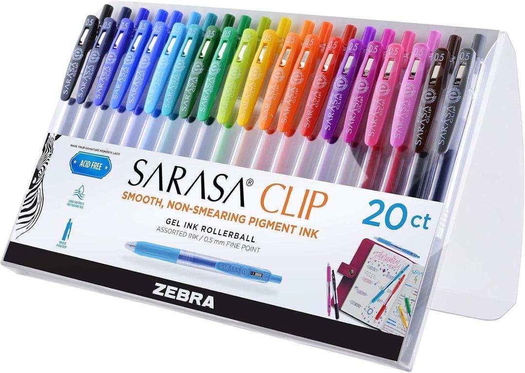 Zebra Pen Sarasa Clip Retractable Gel Pen, 0.5mm Fine Point, Rainbow Assorted Vibrant Ink Color, Water-Based, Ideal for Office and School, Journal, Note Taking and Planner Use, 20-Pack (47220)
