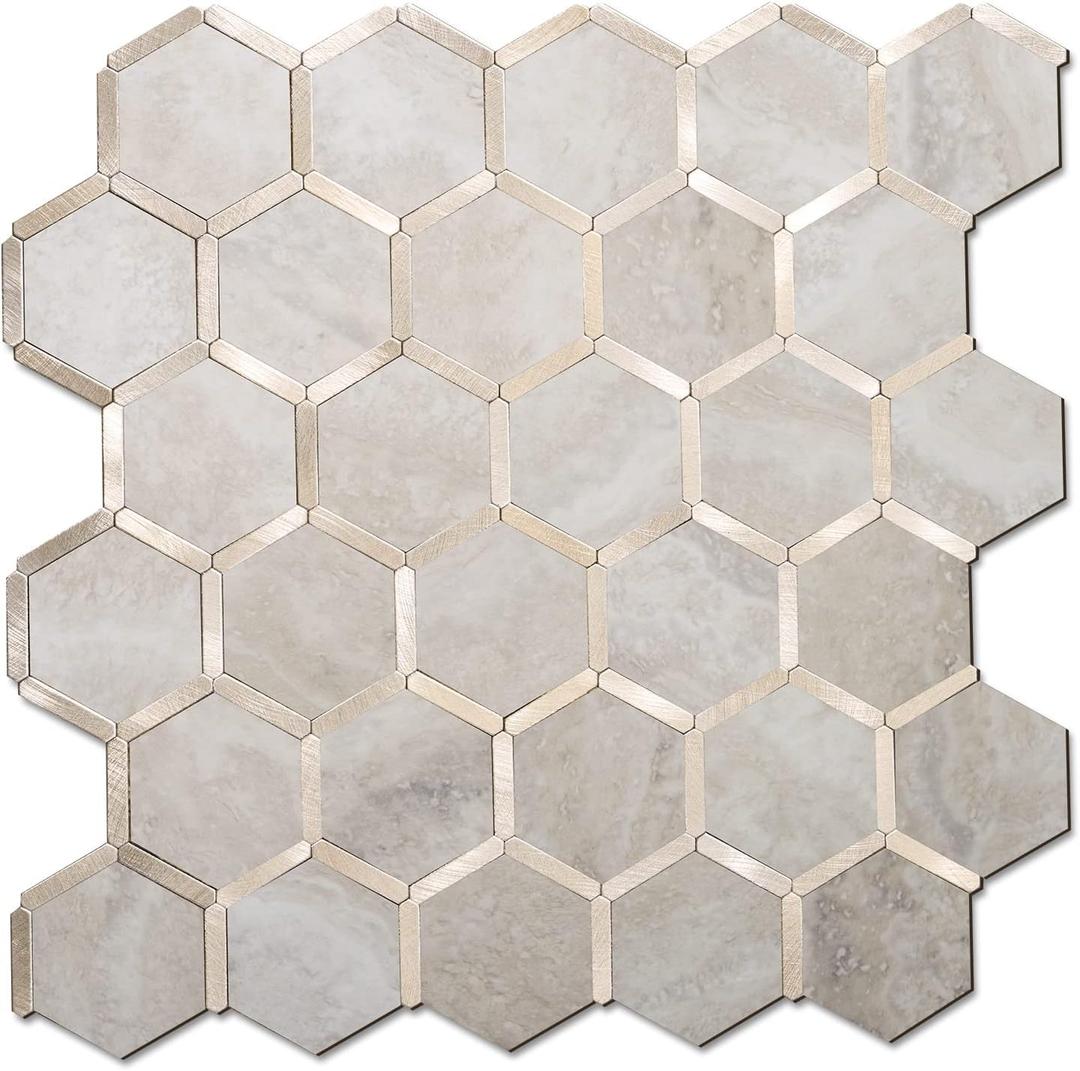 STICKGOO Hexagon Peel and Stick Backsplash Tile, Stick on Backsplash for Kitchen and Bathroom, Beige Marble Look PVC Mixed Metal Gold Self Adhesive Wall Tiles(6 Sheets, Seamless)