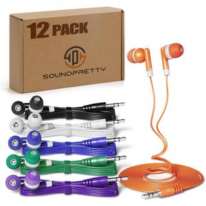 Earbud Headphones Bulk 12 Pack Multicolored Wired Earphones SPT-12MX Individually Wrapped Ear Buds Muti Packs for Kids School Classroom Students
