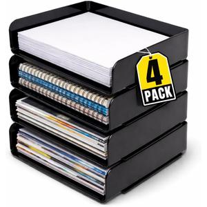 1InTheOffice Stackable Paper Tray Organizer, Plastic Letter Tray, Office Desk Tray, Black (4Pack)