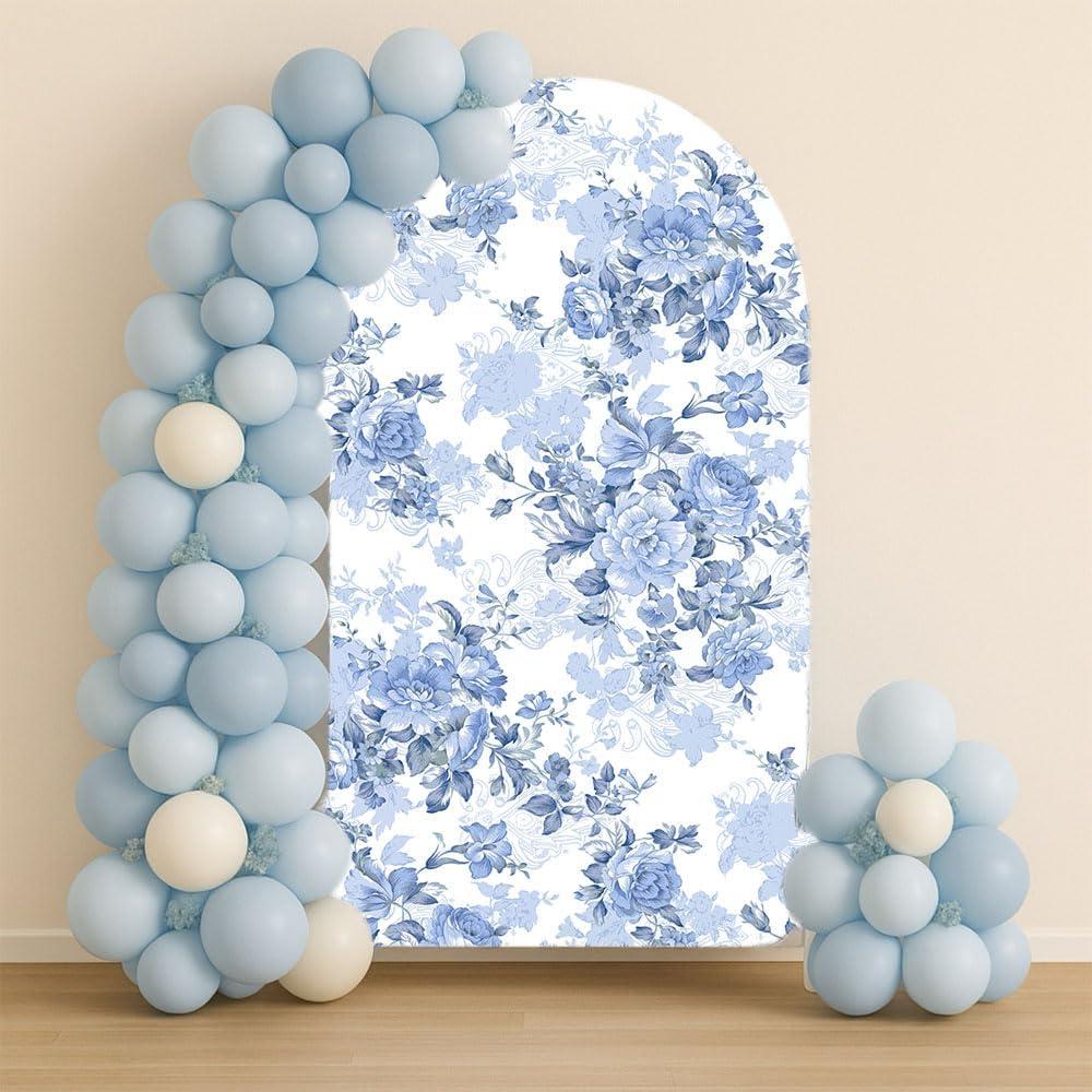 Arch Backdrop Cover Baby in Bloom Baby Shower Arch Stand Spandex Fabric Cover Blue Flowers Floral Pink Bows Girls Birthday Party Baptism Decorations (2.6X6ft,G-3854)