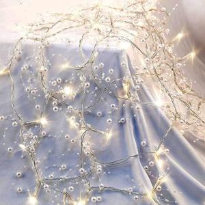 OVV Christmas Decorations 13FT Pearl Garland String Lights 40LED Festive Lighted Berry Beaded Indoor Bedroom Decor Warm Lights for Wedding Valentine's Day Party Battery Operated (White)