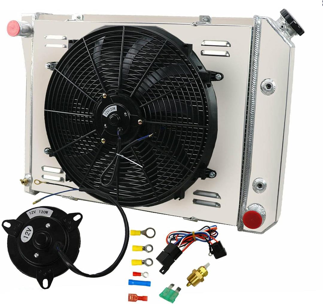 3-Row Radiator Compatible for 1969-1974 Chevy Nova 5.0l 6.6l 5.7l, Buick Skylark Special 1966-1969 4.9l SBC All Aluminum Radiators 1970 1971 1972 1973 (3-ROW Radiator Fans Set)