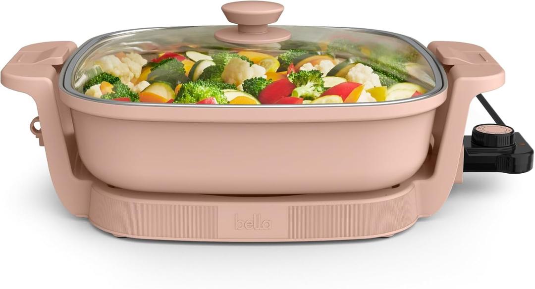bella Make & Take Electric Skillet, Fits-anywhere kitchenware, EverGood Ceramic Coating, Adjustable Temperature & Dishwasher-Safe Tempered Glass Lid, Cast Aluminum Base, 1200 Watt, Blossom