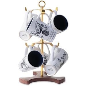 Gold Mug Holder Tree for Countertop | 2-Tier Coffee Mug Rack Holds 6 Large Mugs, 5oz to 20oz | Elegant Golden Cup Stand with Solid Wood Base | Kitchen Counter Organizer & Coffee Bar Accessories