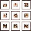 8x8 Picture Frame Set of 9, Display Pictures 4x4 with Mat or 8x8 without Mat, Multi Collage Gallery Square Photo Frames for Wall or Tabletop, Brown