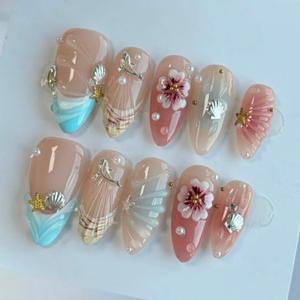 Almond Press on Nails for Women, Fake Nails Artificial Stick on Nails with Summer Style Blue Pink Flowers Gold Stars Silver Shell Accessories, Elegant Glue on Nails with Pearl Details