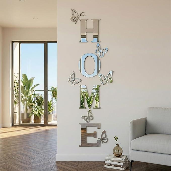 Home Wall Decor Signs Letters 10PCS Acrylic Mirror Stickers Family House Decorations for Living Room Bedroom Dining Home Modern Decoracion de Pared para Sala,Silver 59x21 Inch