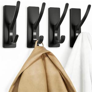 Self Adhesive Coat Hooks for Hanging: Heavy Duty Stainless Wall Hook for Towel, Backpack, Hat, Sturdy Metal Hanger for Bathroom, Bedroom, Door, 4-Pack, Matt Black